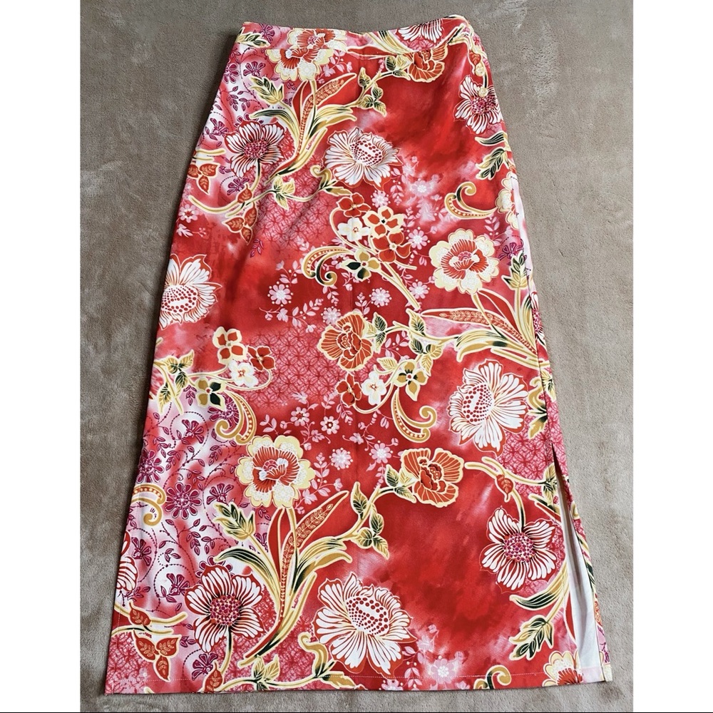 Islander Hawaiian Floral Maxi Skirt Side Button Elastic Back Waist